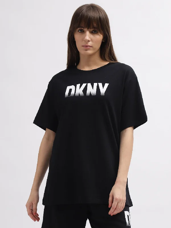 Dkny Women Black Printed Round Neck Short Sleeves T-Shirt