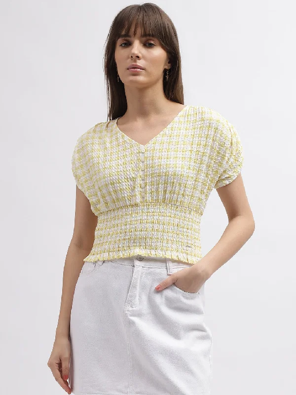 Elle Women Yellow Checked V-Neck Short Sleeves Top