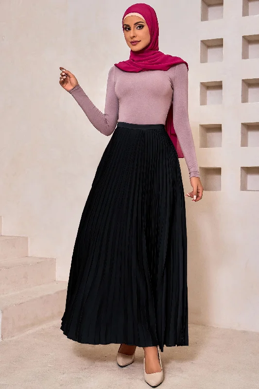 Black Satin Pleated Maxi Skirt