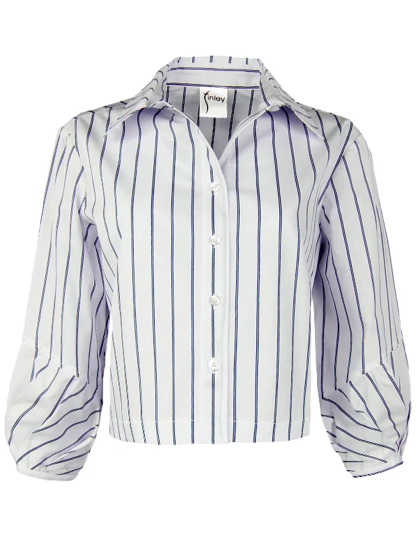 Emmy, Pleated Cuff Cropped Poplin Shirt, Blue Pinstripe