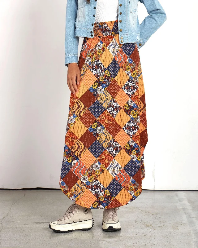 Curved Hem Flowy Maxi Skirt - Orange Navy