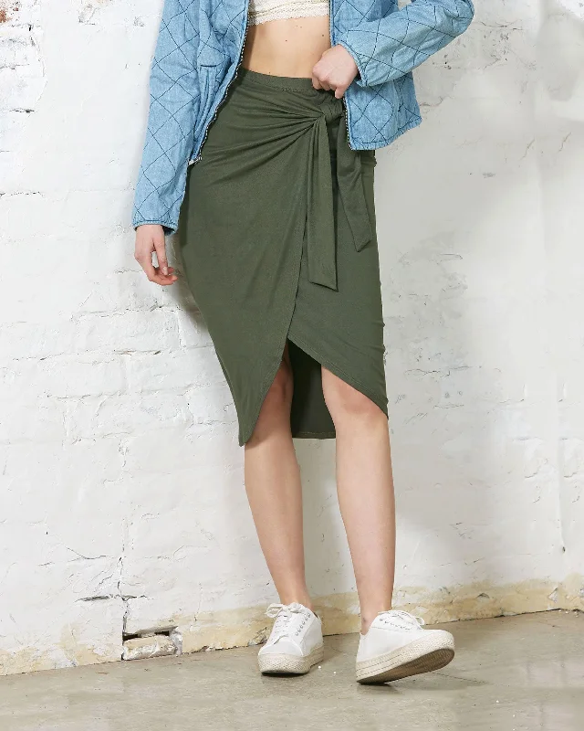 High Waisted Tie Front Midi Skirt - Olive