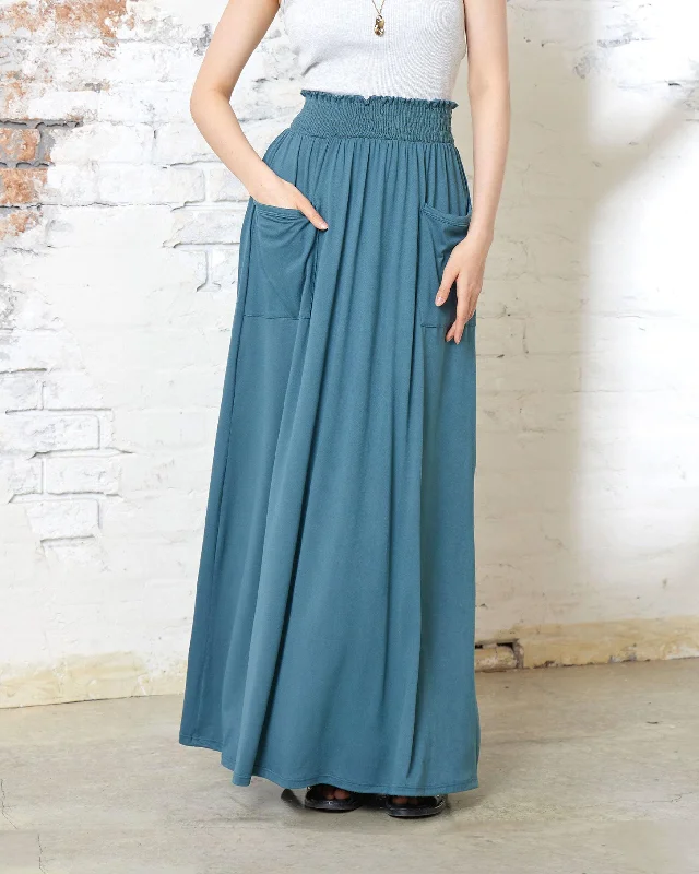 Smocked Waist Patched Pocket Maxi Skirt - Antique Blue