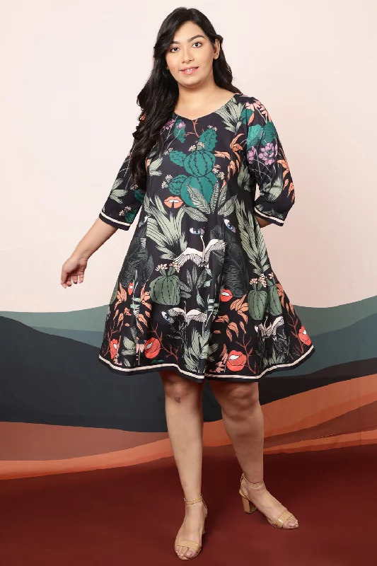 Plus Size Quirky Wildlife Black Printed Dress