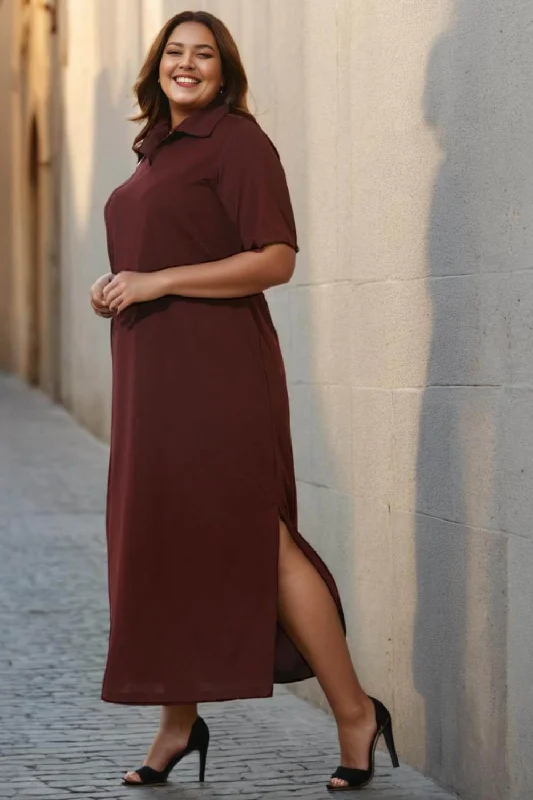 Plus Size Wine Side Slit Long Dress