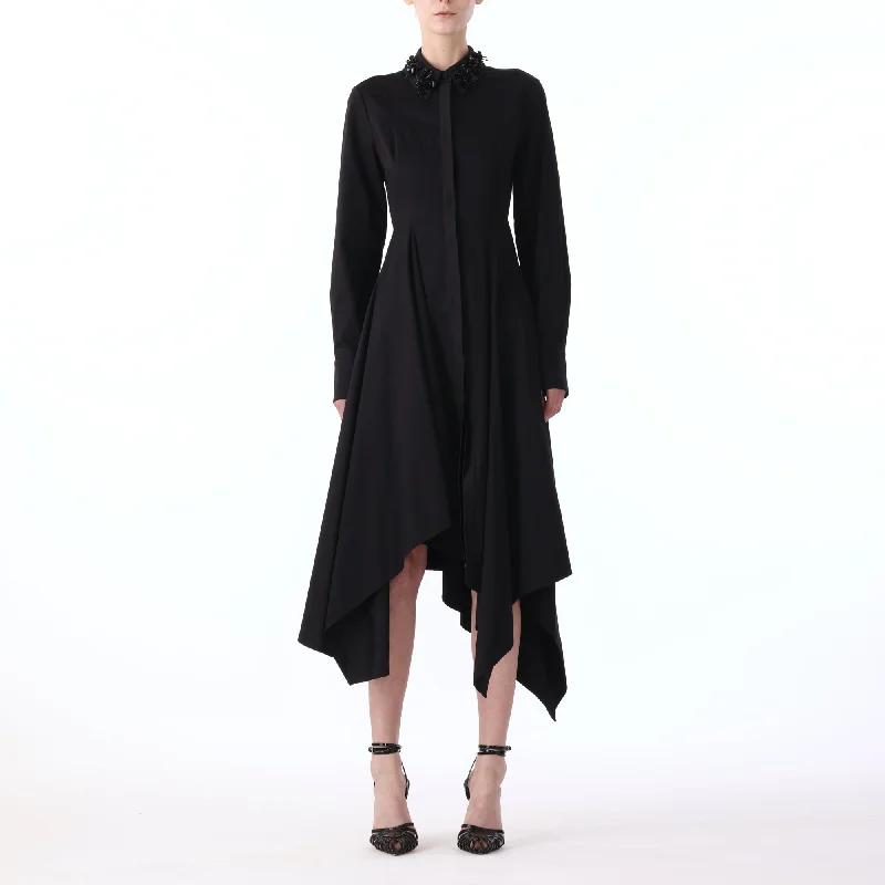 L/S ASYMMETRIC COTTON DRESS WITH EMBROIDERY COLLAR