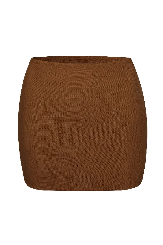 Soft Mesh Low-Rise Micro Mini Slip Skirt in Chestnut