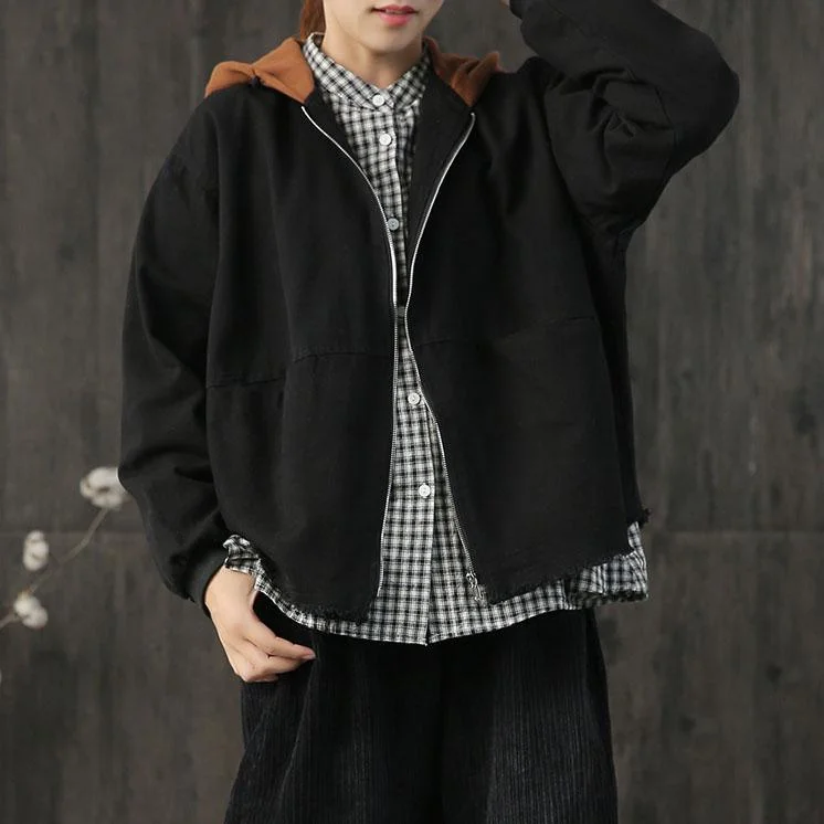 Organic patchwork color hooded cotton Blouse Cotton black short coats fall