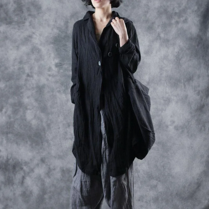 Plus Size Women Long Fall Coat Black Notched Wrinkled Coat