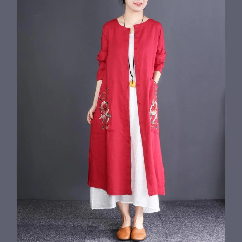 Pullover red coats trendy plus size o neck embroidery outwear