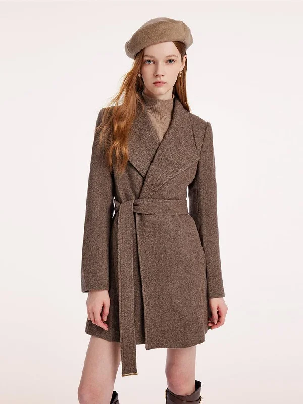 Washable Wool Lapel Women Coat With Belt