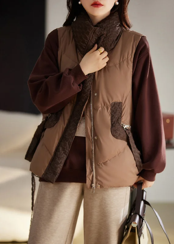 Casual Coffee Zip Up Patchwork Duck Down Winter Vests