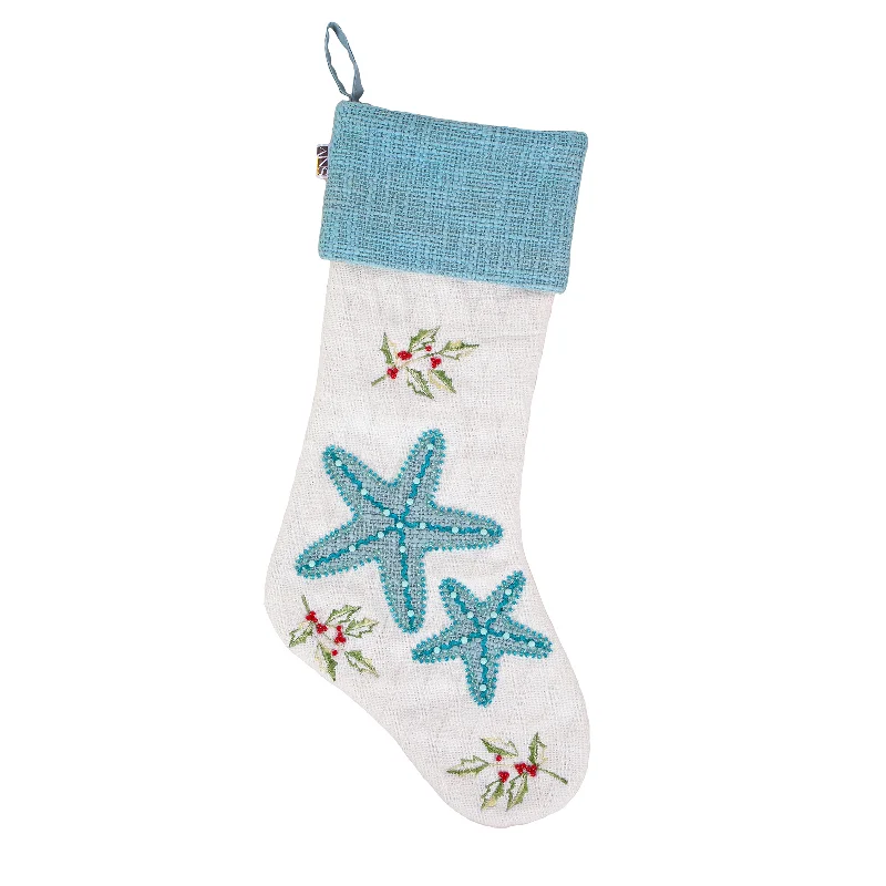 20 in. HGTV Home Collection Embroidered Blue Starfish Stocking