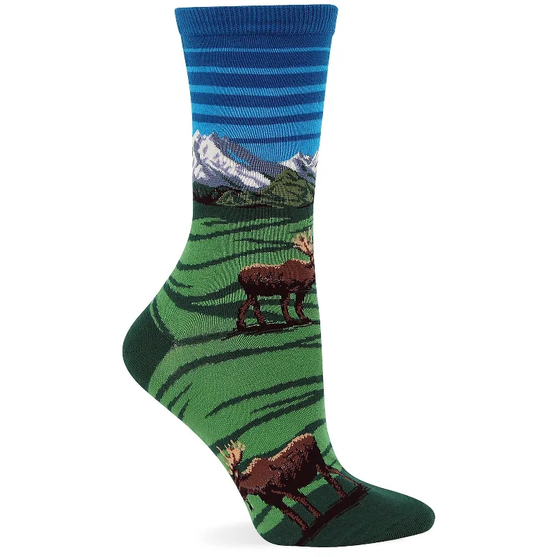 Hot Sox Womens Wild Moose Mountain Scene Crew Socks